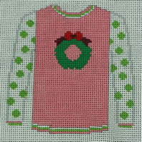 KK-O199W - Sweater - Wreath on Pink with Lime Polka Dot Sleeves