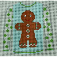 KK-O199Y - Sweater - Gingerbread Boy on Blue with Green Sleeves