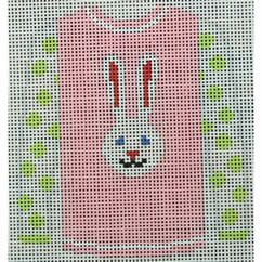 KK-O208C - Sweater - Long Ear White Bunny on Pink with Green Dot Sleeves