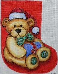 R619 - Teddy Bear with Santa Cap and Red Background Stocking