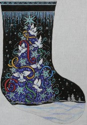 R662 - Black Stocking with Blue Tree and Doves