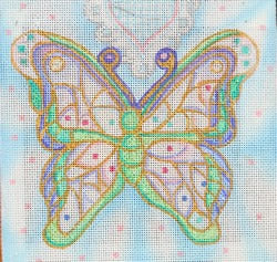 R897 - White and Green Butterfly with Blue and White Background