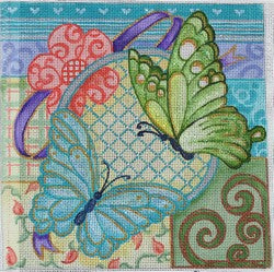 R915 - Blue and Green Butterflies on Patchwork Background