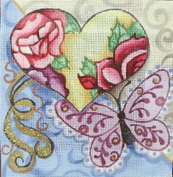 R918 - Pink Butterfly with Roses and Yellow Heart