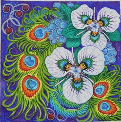 R932 - White Flowers with Peacock Feathers