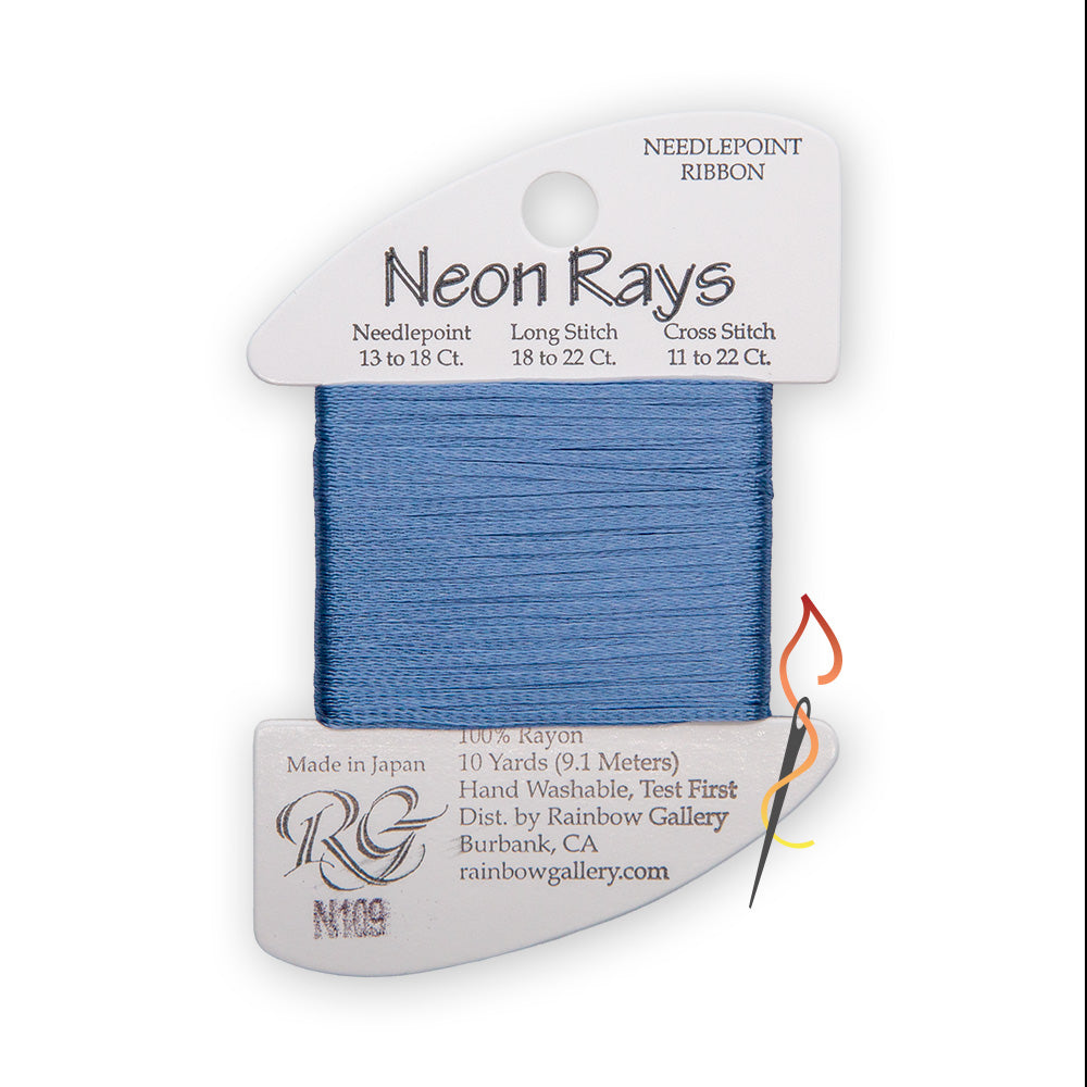 A spool of needlepoint ribbon from the 'Neon Rays' line by Rainbow Gallery, featuring a blue thread wound around a white cardboard spool with N109 printed on the card.