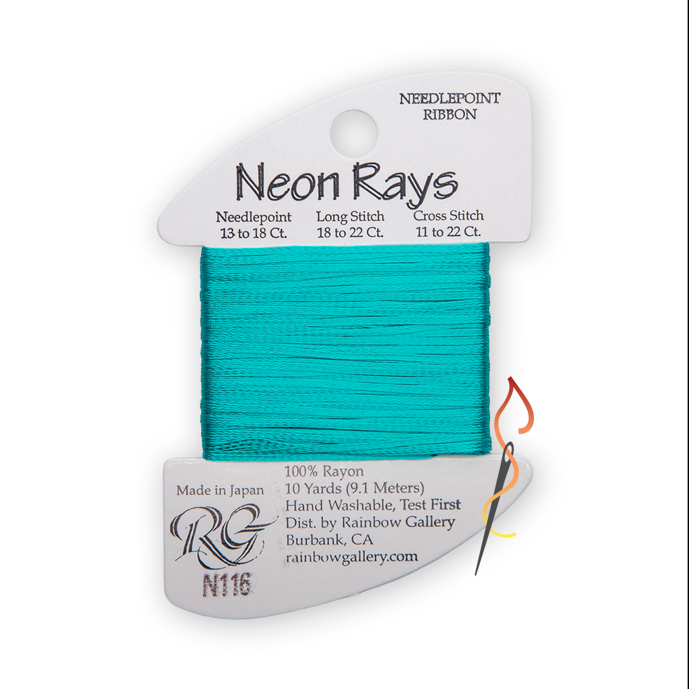 A spool of needlepoint ribbon from the 'Neon Rays' line by Rainbow Gallery, featuring an aqua blue thread wound around a white cardboard spool with N116 printed on the card.