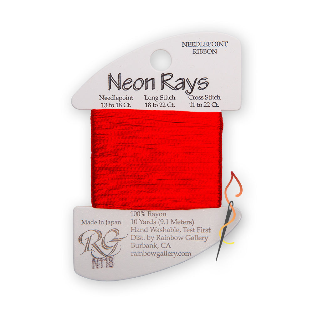 A spool of needlepoint ribbon from the 'Neon Rays' line by Rainbow Gallery, featuring a bright red thread wound around a white cardboard spool with N118 printed on the card.