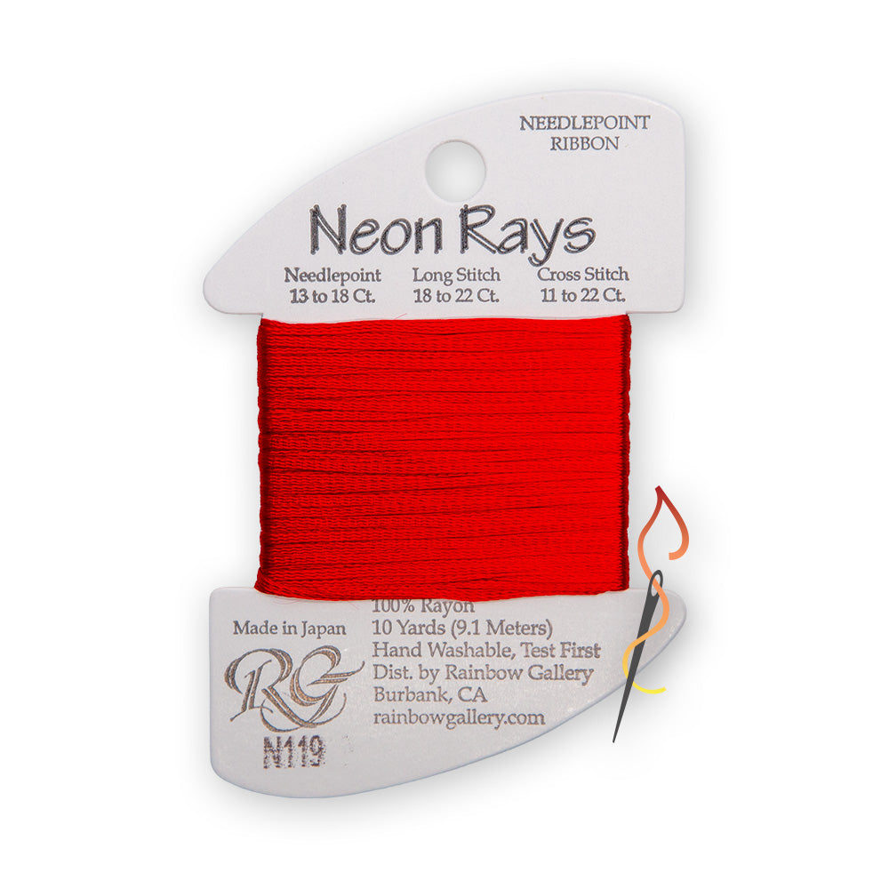 A spool of needlepoint ribbon from the 'Neon Rays' line by Rainbow Gallery, featuring a bright red thread wound around a white cardboard spool with N119 printed on the card.