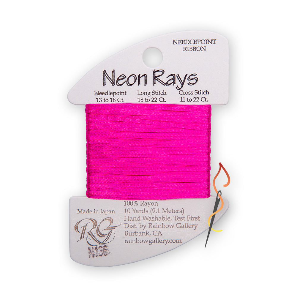 A spool of needlepoint ribbon from the 'Neon Rays' line by Rainbow Gallery, featuring a bright pink thread wound around a white cardboard spool with N136 printed on the card.