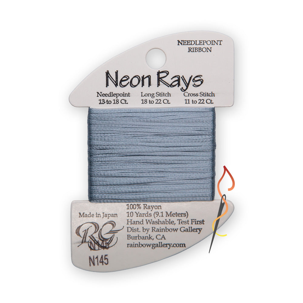 A spool of needlepoint ribbon from the 'Neon Rays' line by Rainbow Gallery, featuring a blue gray thread wound around a white cardboard spool with N145 printed on the card.