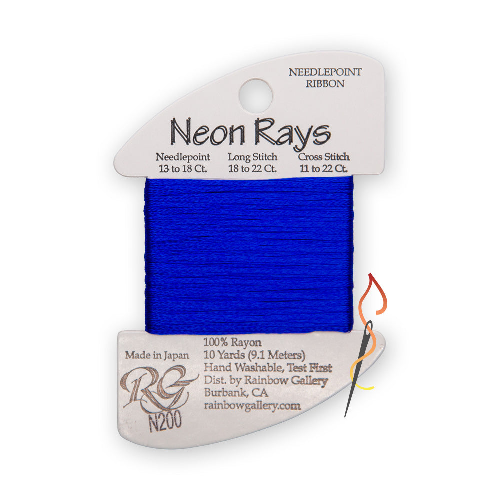 A spool of needlepoint ribbon from the 'Neon Rays' line by Rainbow Gallery, featuring a bright blue thread wound around a white cardboard spool with N200 printed on the card.
