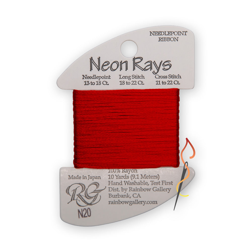A spool of needlepoint ribbon from the 'Neon Rays' line by Rainbow Gallery, featuring a red thread wound around a white cardboard spool with N20 printed on the card.
