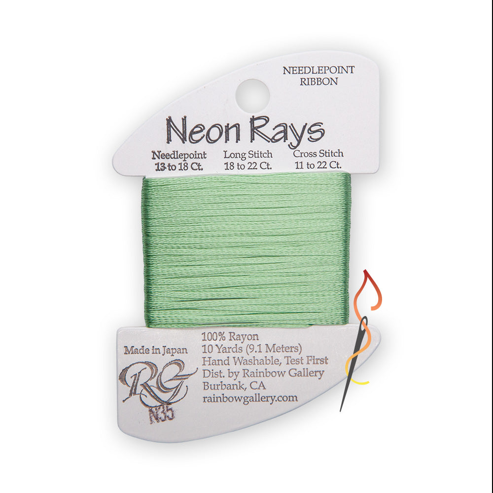 A spool of needlepoint ribbon from the 'Neon Rays' line by Rainbow Gallery, featuring a green thread wound around a white cardboard spool with N35 printed on the card.