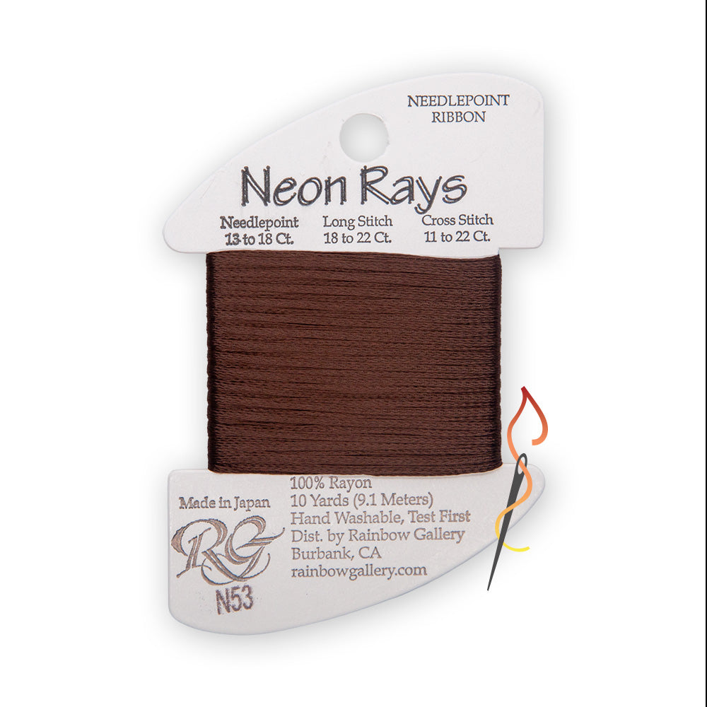 A spool of needlepoint ribbon from the 'Neon Rays' line by Rainbow Gallery, featuring a brown thread wound around a white cardboard spool with N53 printed on the card.