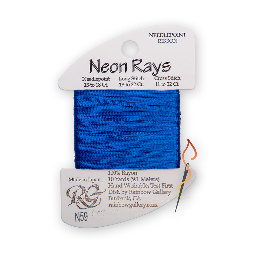 A spool of needlepoint ribbon from the 'Neon Rays' line by Rainbow Gallery, featuring a blue thread wound around a white cardboard spool with N59 printed on the card.
