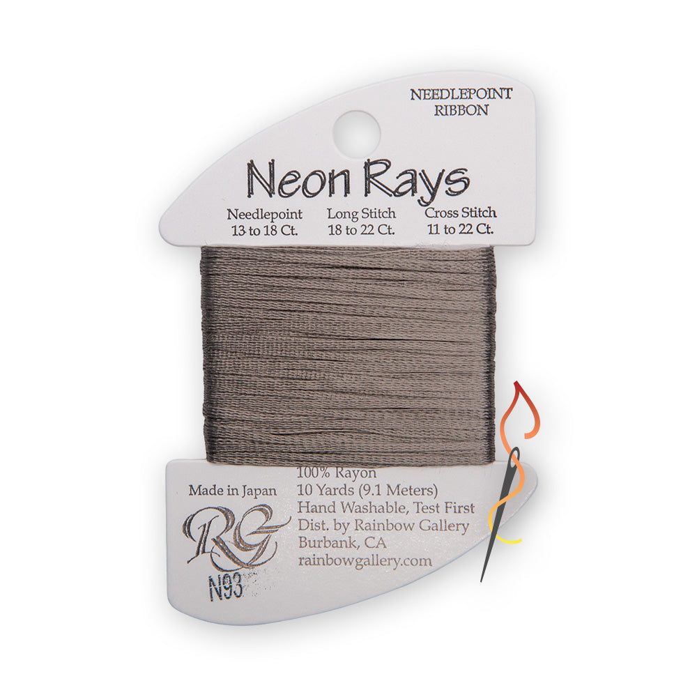 A spool of needlepoint ribbon from the 'Neon Rays' line by Rainbow Gallery, featuring a gray thread wound around a white cardboard spool with N93 printed on the card.