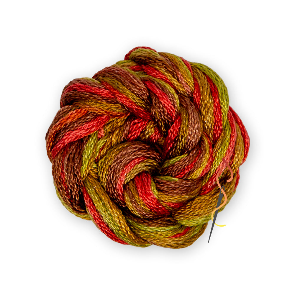 Multicolor red and brown skein of Dinky Dyes Stranded Silk floss in ss150