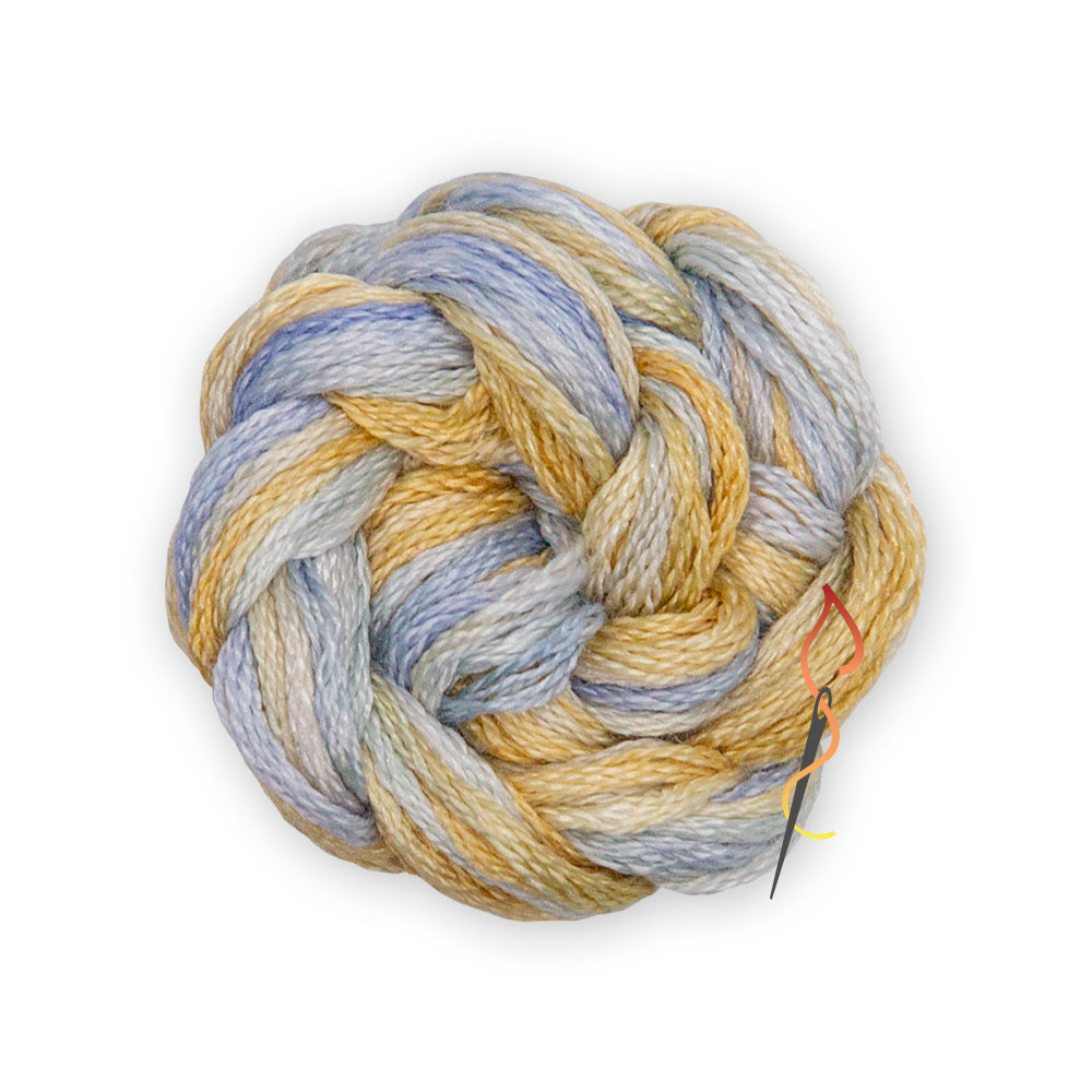 Multicolor blue and yellow skein of Dinky Dyes Stranded Silk floss in ss328